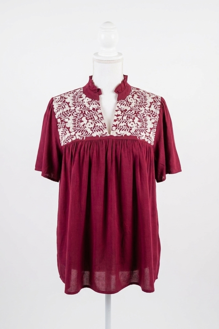 NEW LAYERZ CLOTHING embroidered ruffle collar top in maroon